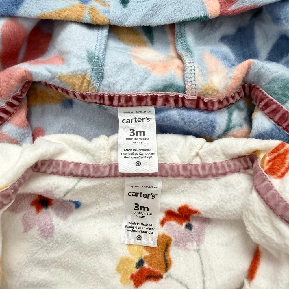 Carters Bundle | 2 Infant Girls Fleece Zip Hooded Jumpsuit | 3 months | Floral